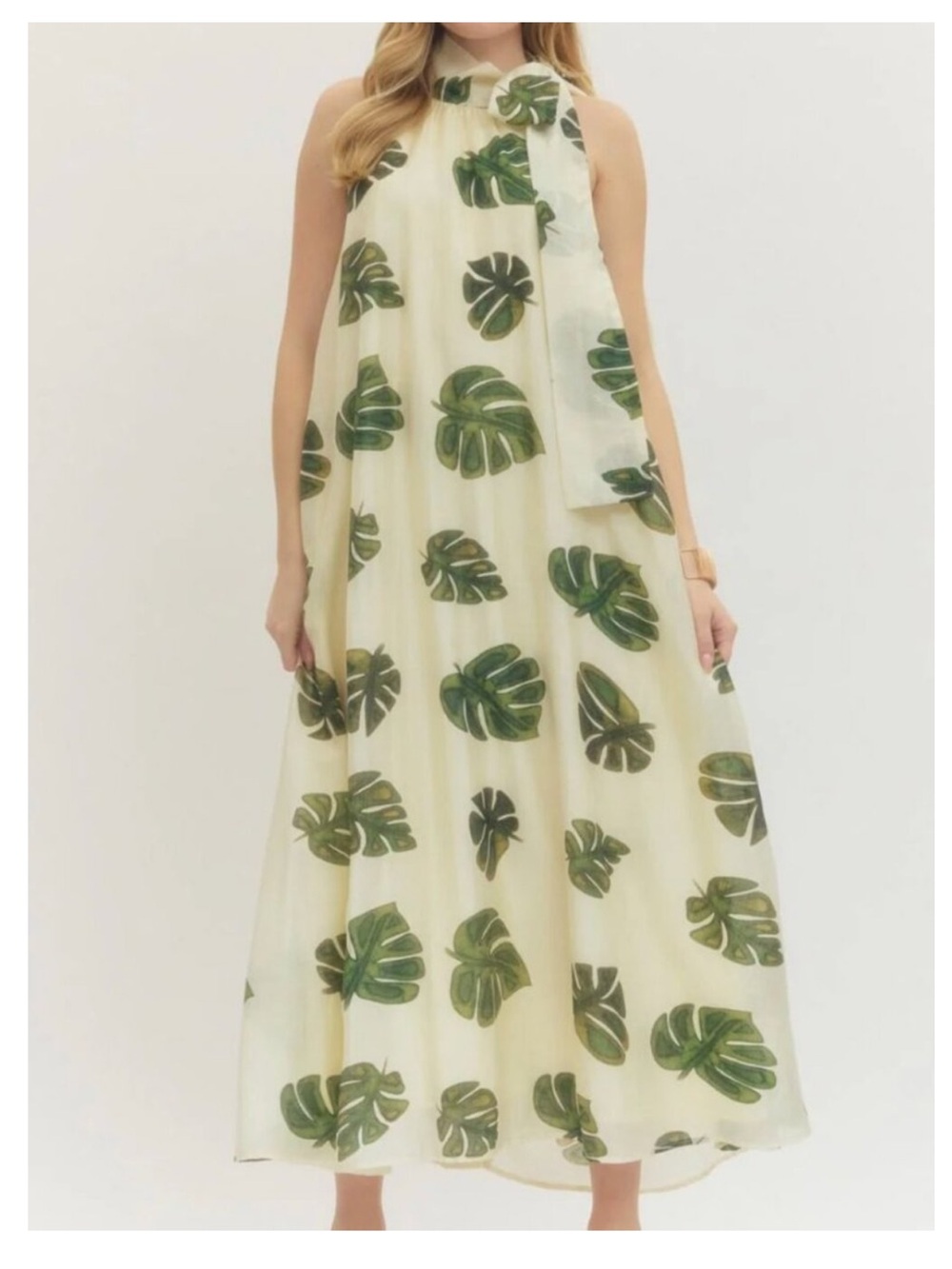 New Boho Green Leaf Pattern Cream Side Bow Tie Mock Neck Maxi Dress